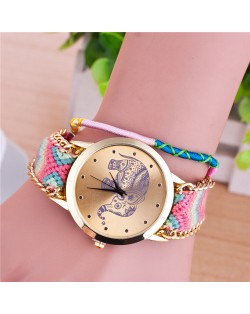 Handmade Weaving Braided Elephant Theme Golden Wrist Watch - Pattern 4