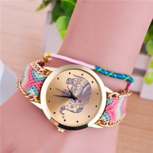 Handmade Weaving Braided Elephant Theme Golden Wrist Watch - Pattern 4