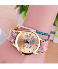 Handmade Weaving Braided Elephant Theme Golden Wrist Watch - Pattern 4