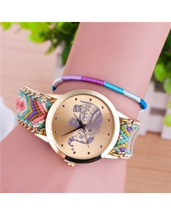 Handmade Weaving Braided Elephant Theme Golden Wrist Watch - Pattern 6