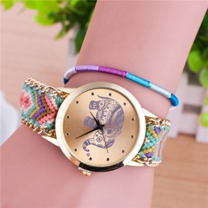 Handmade Weaving Braided Elephant Theme Golden Wrist Watch - Pattern 6