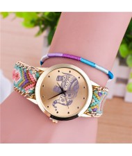 Handmade Weaving Braided Elephant Theme Golden Wrist Watch - Pattern 6