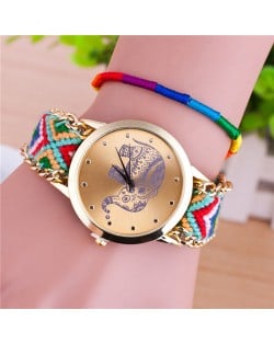 Handmade Weaving Braided Elephant Theme Golden Wrist Watch - Pattern 7