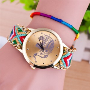 Handmade Weaving Braided Elephant Theme Golden Wrist Watch - Pattern 7
