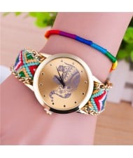 Handmade Weaving Braided Elephant Theme Golden Wrist Watch - Pattern 7