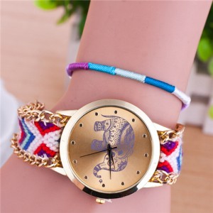 Handmade Weaving Braided Elephant Theme Golden Wrist Watch - Pattern 9