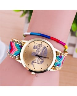 Handmade Weaving Braided Elephant Theme Golden Wrist Watch - Pattern 10