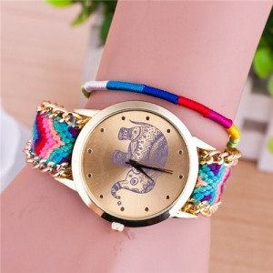 Handmade Weaving Braided Elephant Theme Golden Wrist Watch - Pattern 10
