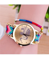 Handmade Weaving Braided Elephant Theme Golden Wrist Watch - Pattern 10