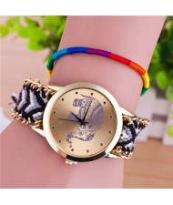 Handmade Weaving Braided Elephant Theme Golden Wrist Watch - Pattern 11