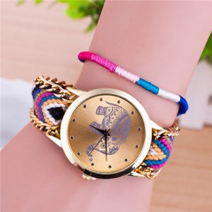 Handmade Weaving Braided Elephant Theme Golden Wrist Watch - Pattern 12