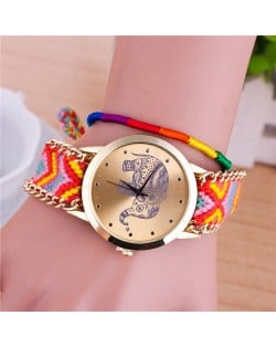 Handmade Weaving Braided Elephant Theme Golden Wrist Watch - Pattern 13