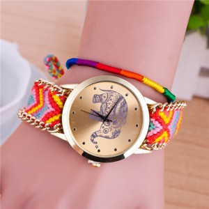 Handmade Weaving Braided Elephant Theme Golden Wrist Watch - Pattern 13