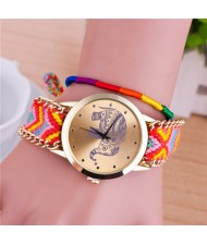 Handmade Weaving Braided Elephant Theme Golden Wrist Watch - Pattern 13