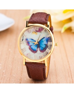 Dim Butterfly Theme Golden Wrist Fashion Watch - Brown