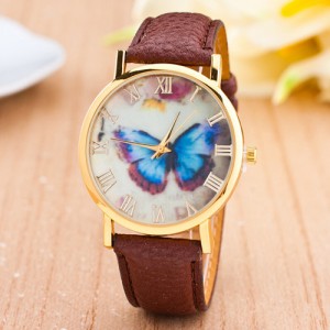 Dim Butterfly Theme Golden Wrist Fashion Watch - Brown