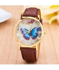 Dim Butterfly Theme Golden Wrist Fashion Watch - Brown