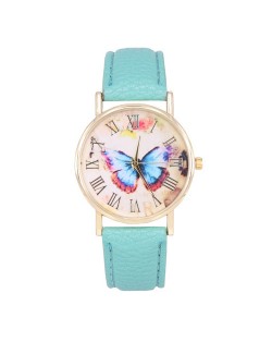 Dim Butterfly Theme Golden Wrist Fashion Watch - Sky Blue