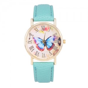Dim Butterfly Theme Golden Wrist Fashion Watch - Sky Blue