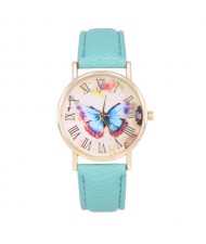 Dim Butterfly Theme Golden Wrist Fashion Watch - Sky Blue