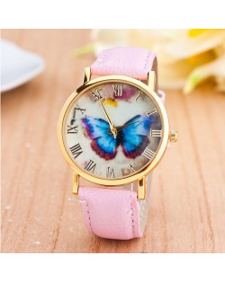Dim Butterfly Theme Golden Wrist Fashion Watch - Pink