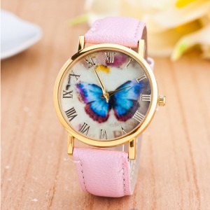 Dim Butterfly Theme Golden Wrist Fashion Watch - Pink