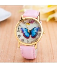 Dim Butterfly Theme Golden Wrist Fashion Watch - Pink