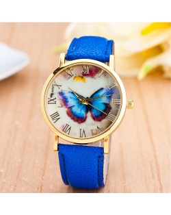 Dim Butterfly Theme Golden Wrist Fashion Watch - Blue