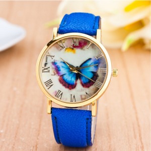 Dim Butterfly Theme Golden Wrist Fashion Watch - Blue