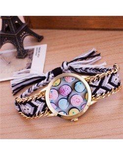 Colorful Roses Theme Weaving Braided Golden Rim Fashion Wrist Watch - Pattern 1