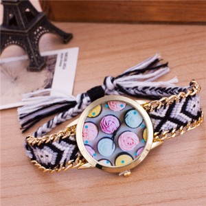 Colorful Roses Theme Weaving Braided Golden Rim Fashion Wrist Watch - Pattern 1