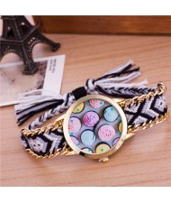 Colorful Roses Theme Weaving Braided Golden Rim Fashion Wrist Watch - Pattern 1