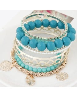 Mixed Elements Pendant Design Multiple Layers Beads Fashion Bangle - Blue