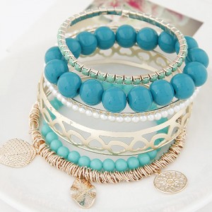 Mixed Elements Pendant Design Multiple Layers Beads Fashion Bangle - Blue