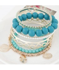 Mixed Elements Pendant Design Multiple Layers Beads Fashion Bangle - Blue