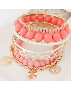 Mixed Elements Pendant Design Multiple Layers Beads Fashion Bangle - Pink