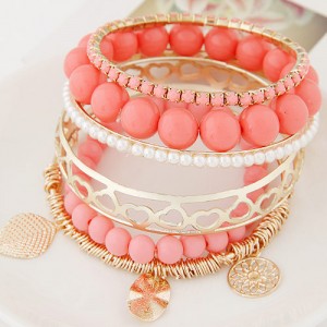 Mixed Elements Pendant Design Multiple Layers Beads Fashion Bangle - Pink