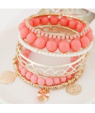 Mixed Elements Pendant Design Multiple Layers Beads Fashion Bangle - Pink