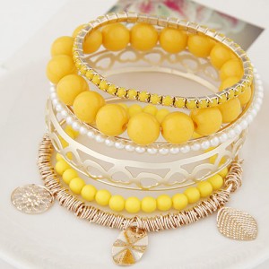 Mixed Elements Pendant Design Multiple Layers Beads Fashion Bangle - Yellow