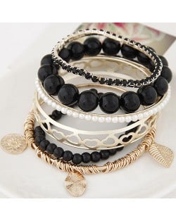 Mixed Elements Pendant Design Multiple Layers Beads Fashion Bangle - Black