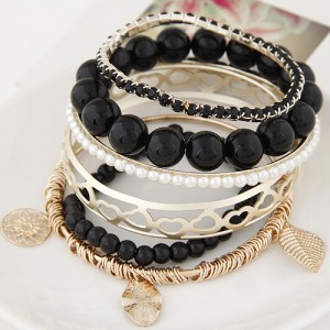Mixed Elements Pendant Design Multiple Layers Beads Fashion Bangle - Black