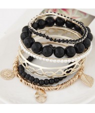 Mixed Elements Pendant Design Multiple Layers Beads Fashion Bangle - Black