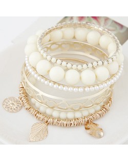 Mixed Elements Pendant Design Multiple Layers Beads Fashion Bangle - White
