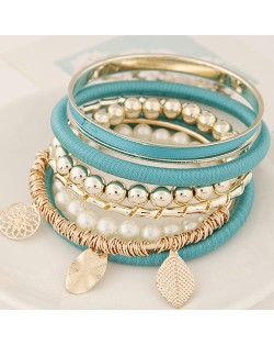 Golden Leaves and Flower Pendants Multi-layer Beads Fashion Bangle - Blue