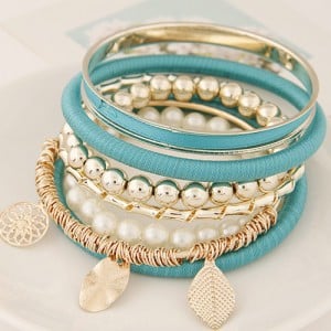 Golden Leaves and Flower Pendants Multi-layer Beads Fashion Bangle - Blue