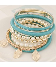 Golden Leaves and Flower Pendants Multi-layer Beads Fashion Bangle - Blue