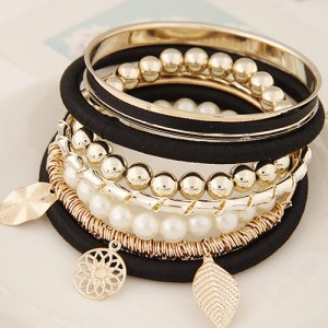 Golden Leaves and Flower Pendants Multi-layer Beads Fashion Bangle - Black