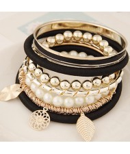 Golden Leaves and Flower Pendants Multi-layer Beads Fashion Bangle - Black
