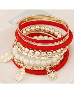 Golden Leaves and Flower Pendants Multi-layer Beads Fashion Bangle - Red