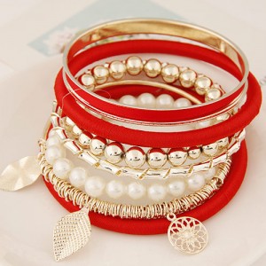 Golden Leaves and Flower Pendants Multi-layer Beads Fashion Bangle - Red